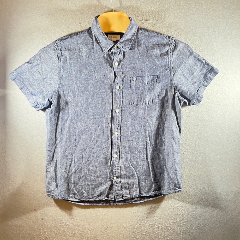 1174 | GAP Linen Cotton Blend Short Sleeve Shirt Military Blue Coastal Mens L